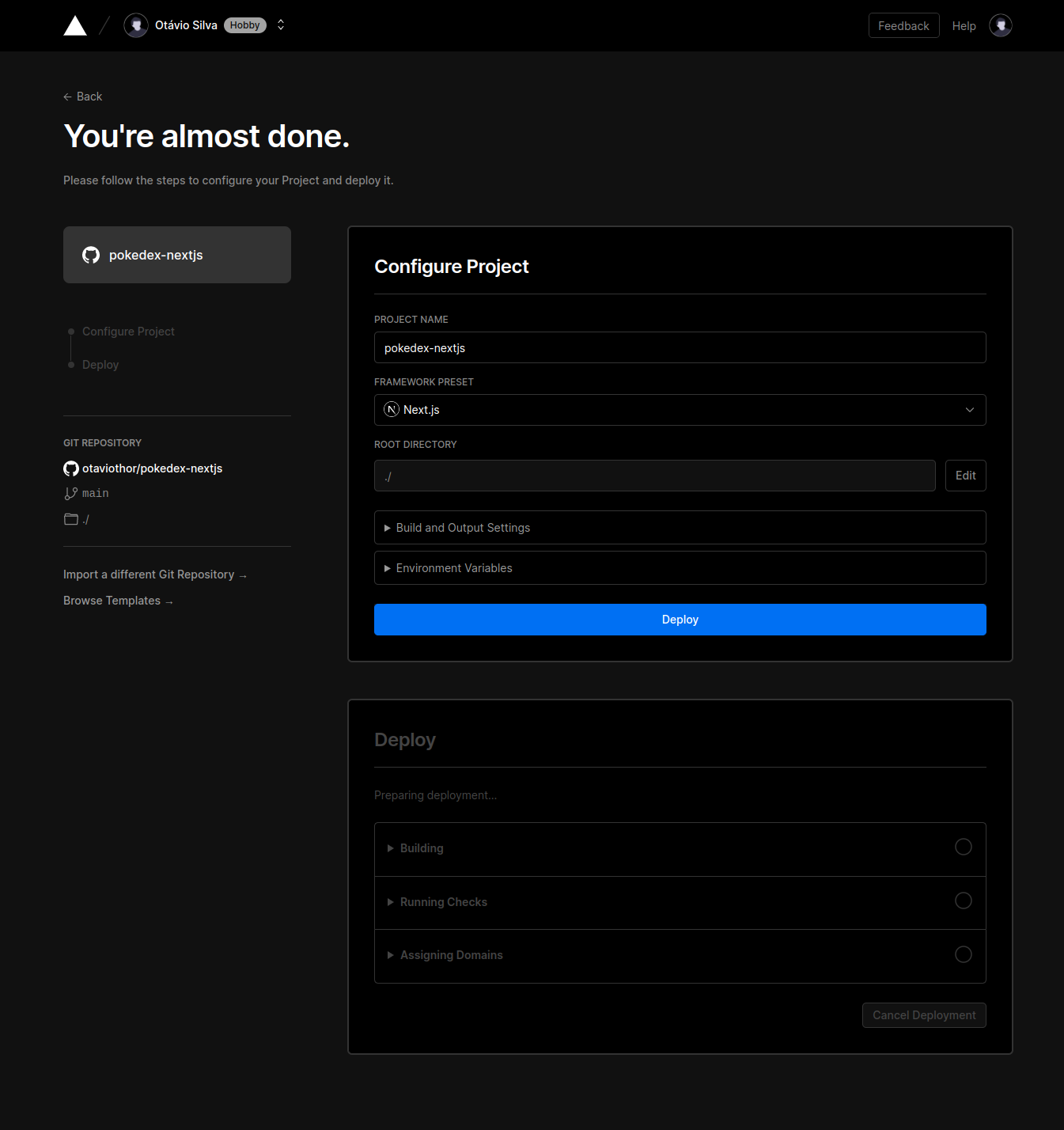 vercel config new project
